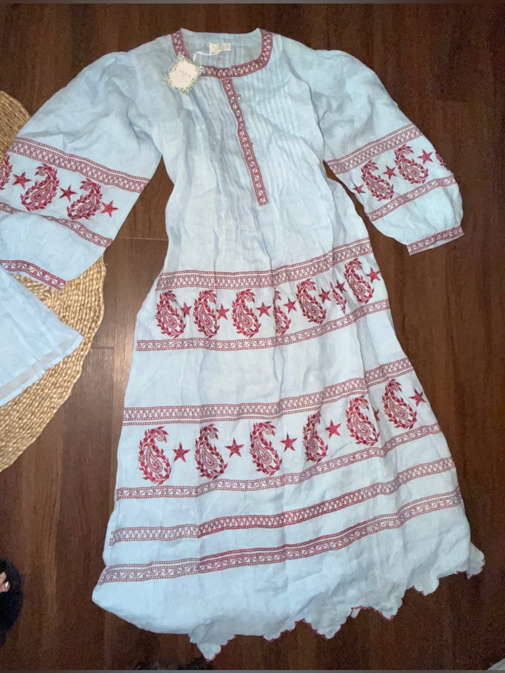 Nwt Asha rare blue embroidered MADAKET PIPER DRESS $550 boho resort linen summer - Picture 2 of 10